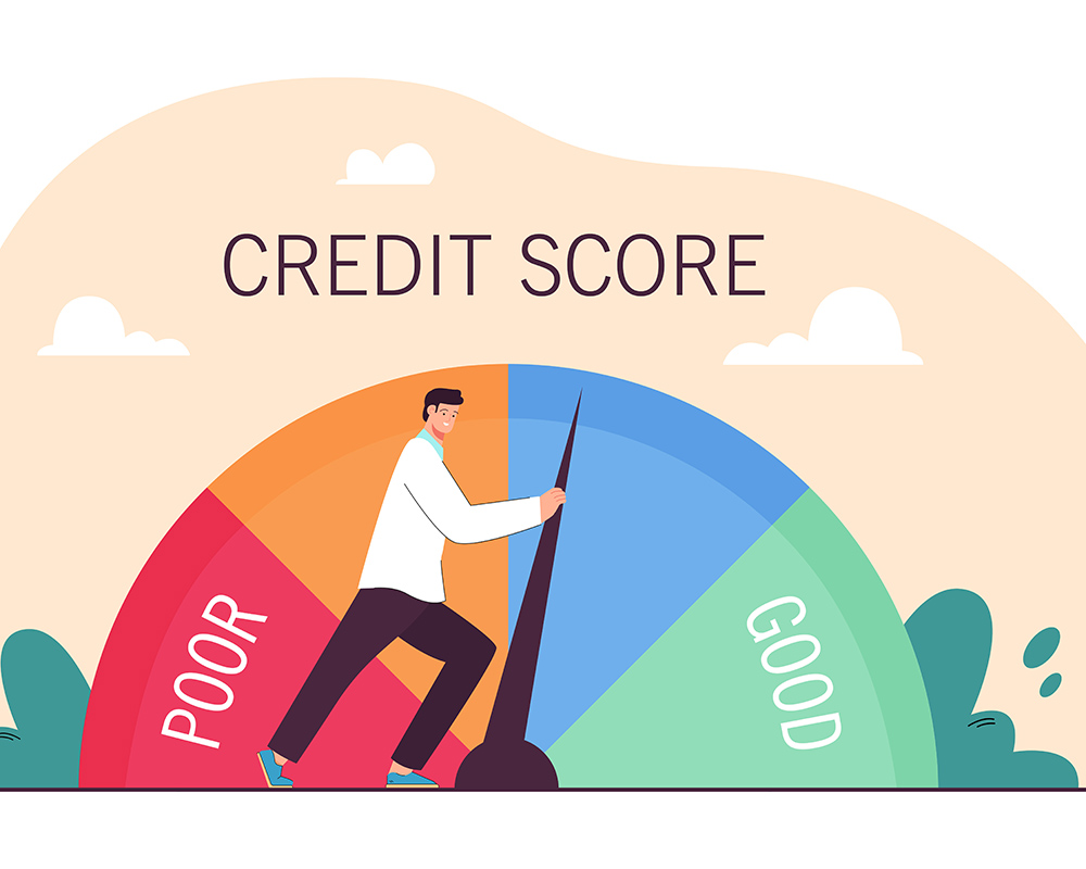 Businessman pushing credit score speedometer from poor to good the best credit score repair