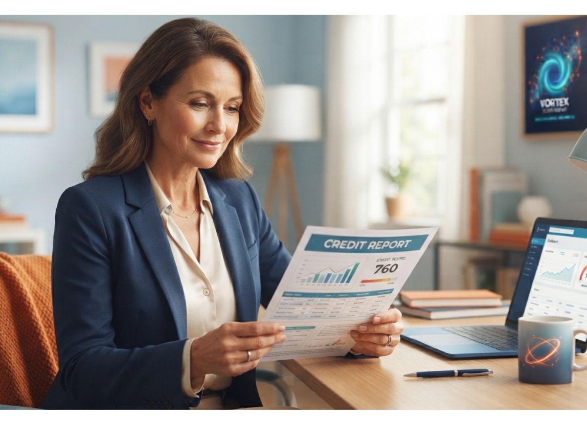 Person reviewing their credit report with a calm, focused expression while taking notes.
